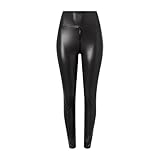 Leggings elásticos de Piel sintética con Cremallera bidireccional en la Entrepierna, Leggings elásticos de Piel sintética Mate para Mujer, Negro, L