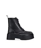 BOSANOVA Botas militares negras estilo punk para mujer con cordones en vertical y suela de plataforma dentada de 4.5 cm. Cierre con cremallera interior. Calzado para mujer NEGRO 40