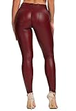 FITTOO PU Leggings Cuero Imitación Pantalón Elásticos Cintura Alta Push Up para Mujer #1 Bolsillo Falso Poca Terciopelo Rojo S