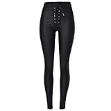 Dninmim Pantalones de cuero sexy con cordones para mujer, cintura alta, para primavera, otoño, ajustados, de piel sintética, color negro, Negro, M