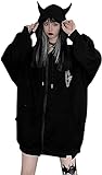 Cuerno de diablo para mujer sudaderas con cadena de broche de mariposa, gótico Harajuku de gran tamaño sudadera con cremallera tops de jersey, chaqueta de calle vintage abrigo (3XL,vellón negro,3XL)