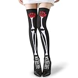 SUBRINGE Medias de Esqueleto para Mujer Halloween, Pantimedias Negras con Estampado de Huesos, Disfraz Halloween, para Cosplay, Carnaval, Día de los Muertos, Fiesta Temática (A)