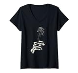Mujer Negro Rose Esqueleto Mano Gótico Wicca Camiseta Cuello V