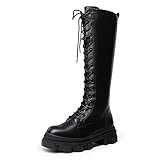 DREAM PAIRS Botas Militares Mujer de Caña Larga hasta Rodillas de Plataforma Botas de Combate Invierno con Cremallera,Size 41.5,Negro/PU,SDKB221W