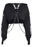 XKBHYD Sudadera gótica corta con capucha para mujer, manga larga, estampado de calavera, estilo grunge, punk, cadena de hierro, emo, alt, centro comercial, gótico, Negro, M