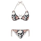 chaqlin Conjunto de bikini de cuerda para mujer, traje de baño de dos piezas, traje de baño triangular, Calavera de flores., 52