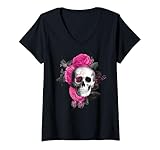 Mujer Calavera con flores Camiseta Cuello V