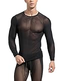 Hombres Ver a través de Manga Larga Malla Transparente Camiseta de Entrenamiento Camisa Sexy Transparente Tops Ropa de Discoteca Negro L