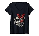 Mujer Calavera de Halloween con mariposa, diseño de calavera y flores Camiseta Cuello V