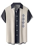 Camisa de bolos vintage de los años 50 retro de manga corta con botones para hombre, gris, (Grey Geometric), Small