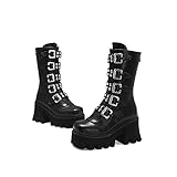 D-YPING Winter Gothic Punk Botas de Plataforma para Mujer Negro Hebilla Correa Cremallera Creeper Cuñas Zapatos Mediados de la Pantorrilla Botas Militares de Combate