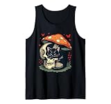 Gato místico Negro Gótico Estética con Calavera y Seta Camiseta sin Mangas