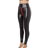 Generisch 2025 - Leggings de pantalones falsos con cintura elástica para mujer, pantalones altos de cuero sintético, cremallera, entrepierna abierta Leggins Pantalones, Negro , L