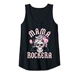 Mujer Mama Rockera con Calavera y Flores, Mama Rockera Camiseta sin Mangas