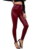 Everbellus Mujeres PU Leggins Cuero Skinny Elásticos Pantalones de Cintura Alta de Cuero de Imitación Rojo Large