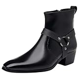 ANUFER Hombre Tacón de Bloque Medio Botines Correas de Remache Punk Cremallera Lateral Botas de Motero Negro SN0708263 EU39