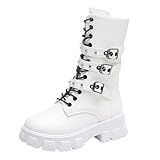 liaddkv Botas de mujer góticas punk plataforma, botas con cordones con tacón de bloque suela de perfil para moto combate con hebilla botas de saltar botas de caña corta gruesas botas de bicicleta de