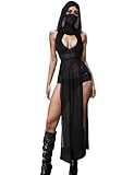 Aucute Vestido gótico transparente para mujer, cuello alto, sin mangas, con abertura alta, con capucha, trajes de festival de música EDM, Negro -, M