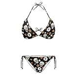 Jekioweii Conjunto de bikini para mujer, traje de baño de dos piezas con tirantes delgados ajustables, traje de baño halter con bloques de color, Calavera floral negro, M