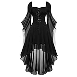 Disfraz de Halloween para mujer, vestido gótico, ropa medieval, cintura atada, disfraz de bruja, monocolor, con hombros descubiertos, vestido de vampiro, renacimiento, mangas trompetas, corsé