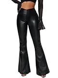 HAWILAND Pantalon Cuero Acampanados Leggins de Campana Mujer Negro V-Cintura Alta Bootcut Casual Fiesta Pantalones Leggings de Piel Sintética Mallas Termicas Vestido Invierno Navidad