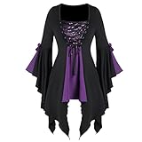 HANXIULIN Camiseta de manga larga para mujer, blusa de calavera, talla única, túnica de lentejuelas, camiseta gótica más mujeres de manga alta de encaje ollas de cintura larga cadena K, morado, L