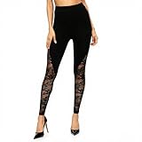 Zidoley Leggings sexy para mujer con encaje y malla, cintura alta, efecto push up, ropa gótica para Halloween, carnaval, Negro , S-L