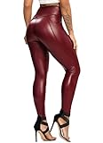 RIOJOY Leggings de Piel de Imitación para Mujer PU Cuero Cintura Alta Push Up Skinny Elásticos Pantalones, Rojo L