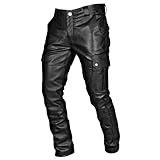 Hombre Pantalones de Imitación Cuero Pantalones Moto Slim Fit Cuero Simil Cargo Pantalones (sin Cinturón), Negro , XL