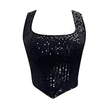 Camiseta de tirantes sexy con lentejuelas Hottie Corto con pecho acolchado Top Calavera Mujer, Negro , talla única