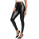 Zilams Pantalon Cuero Mujer Cintura Alta Pantalones Elasticos Leggins Cuero Mujer Push Up Sexy Pantalones de Piel Sintético Negro Brillante S