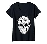 Mujer Camiseta divertida para amantes de los gatos de Halloween, calavera de gato Camiseta Cuello V