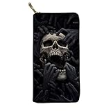 Biyejit Cartera larga de piel para mujer, tarjetero, bolsillo con capacidad para teléfono, Calavera oscura, Talla única, Informal