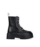 BOSANOVA Botas militares negras estilo punk para mujer con cremallera central, cordones en vertical y suela de plataforma de 5.5 cm dentada. Cierre con cremallera. Calzado para mujer NEGRO 37