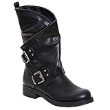 Toocool - Botas bajas para mujer de motorista, con hebillas anfibias SA9907, Negro , 36 EU