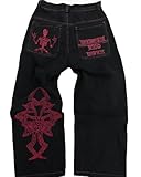 OATSBAS Y2K Beggy Jeans para hombre, pantalones de mezclilla con bordado de calavera, jeans góticos, pantalones rectos de pierna ancha, ropa de calle hip hop, Negro-rojo, Medium