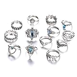 LEEQBCR Paquete de 13 Juego de anillos de plata con cristales bohemios, anillos de dedo para mujeres y niñas