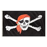 Storm&Lighthouse Bandera grande de pirata negra con bandera de Jolly Roger con bandana roja calavera y huesos cruzados bandera pirata de 5 pies x 3 pies con ojales