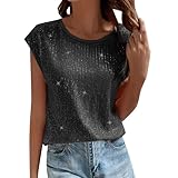 2025 - Camiseta sin mangas con cuello redondo y lentejuelas en color sólido para mujer y ropa de fiesta camisetas de mujer rojo, Negro , M