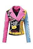 Geschallino Mujer Chaqueta de Piel Sintética Talla Grande Abrigo Motociclista Estilo Punk con Remaches y Tachuelas y Grafiti 0375Plus Rosa 4X