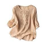 riou Camisas Mujer Manga Larga Algodón y Lino Talla Grande Mode Cuello Redondo Vintage Color Sólido Camiseta Basica Ligera Primavera Blusas y Camisas Original Fiesta Tops T-Shirt tee