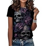 Camisetas de calavera para mujer, estilo vintage, gótico, para Halloween, estampado floral, casual, ropa básica regular, Calavera de rosa gótica, 6XL