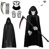 Gxlaihly Disfraz de Parca para Adultos, Halloween disfraz la muerte,con Capucha, Máscara de Calavera, Guantes, Guadaña,Disfraz de parca,Conjunto de Disfraces de Reaper de Halloween (Adulto-B)