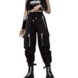 MEINVQIAOTI Pantalones de Carga Negros para Mujer, Pantalones de Cadena Sueltos, Pantalones góticos Punk con múltiples Bolsillos con Cremallera múltiple(Negro,L)