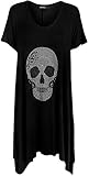 WearAll - Mujer Camiseta Calavera Caída Detalle en Lentejuelas Manga Corta - Negro - 42