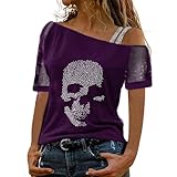 Camiseta informal de verano para mujer, camiseta informal con diseño de calavera, manga corta, suéter suelto, elegante blusa túnica Y2K, disfraz sexy, fiesta, carnaval, punk, parte superior brillante