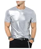Casey Kevin Camisetas Metálica Brillante Manga Corta Hombre, Camiseta Lentejuelas Hombre Camisas Dorada Plateada Camisa Brillante Hombre para Club Fiesta Discoteca Años 70 80, M
