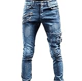 Jeans rasgados para hombre, elásticos, lavados, desgastados, pierna cónica, cierre de hebilla, correa de hebilla estilo hip hop, gótico, punk, ajustados, ajustados, pantalones de mezclilla