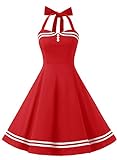 Timormode Vestido Cóctel Corto Vintage 50s Cuello Halter Vestido De Fiesta Rockabilly Mujer Rojo L
