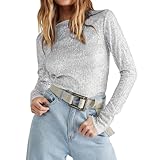 Generisch Mujer Cuello Redondo Manga Larga Moda Delgado Lentejuelas Top Fiesta Carnaval Lentejuelas Estrecho Suéter Mujer Suéter Calavera, plata, S